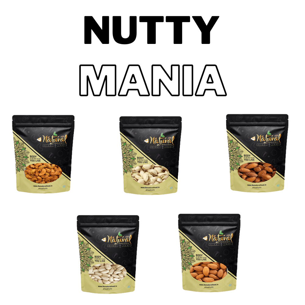 Pepper Cashew, Salted Pista, Salted Almond, Peanuts & Almonds - Nutty Mania (200 gms each)