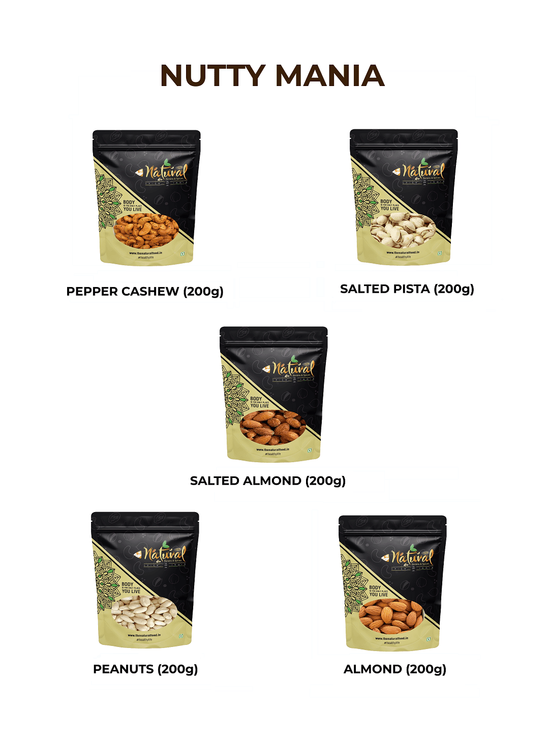 Pepper Cashew, Salted Pista, Salted Almond, Peanuts & Almonds – Nutty Mania (250 gms each)