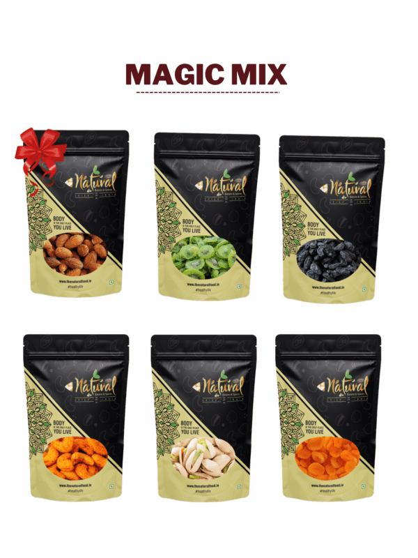 Magic Mix (Salted Almonds, Dried Kiwi, Black Raisins, Chilly Cashew, Salted Pista – 250 gms each & Apricot – 200 gms)