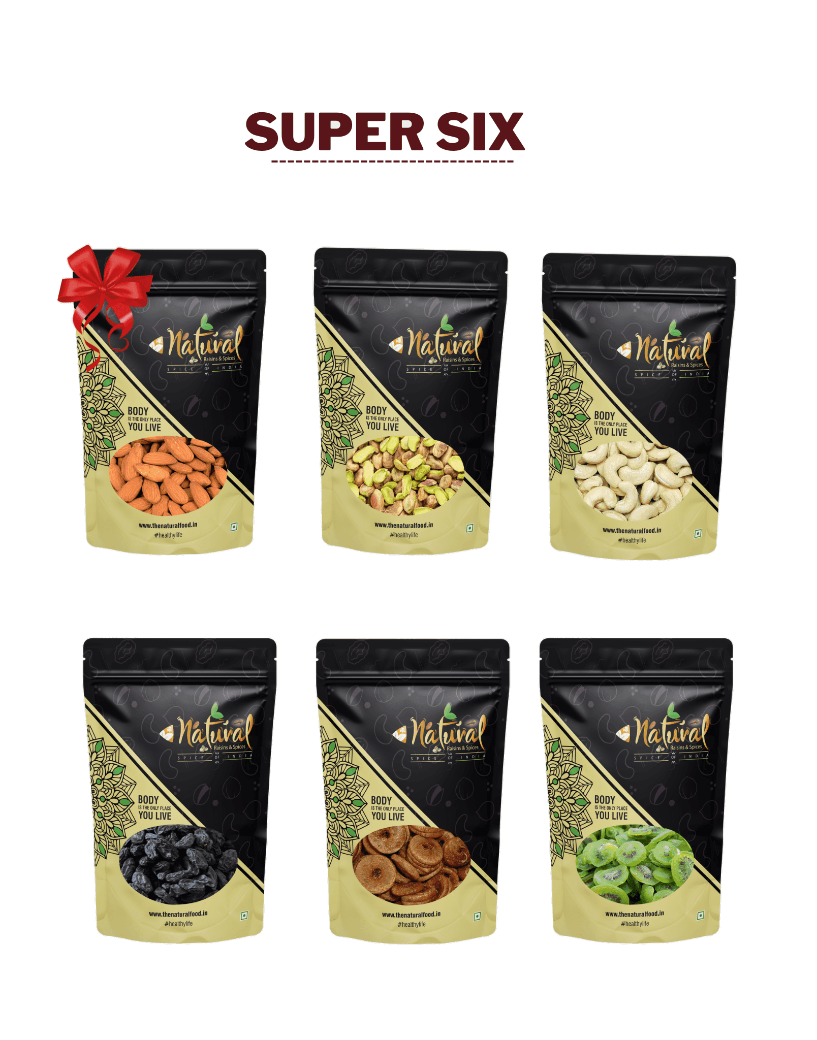 Almonds, Pistachoes, Cashews, Black Raisins, Figs & Kiwi - Super Six (200 gms each)